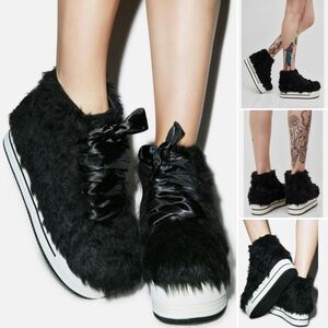 YRU Platform Elevation Faux Fur Lace-up Dolls Kill Black 10
